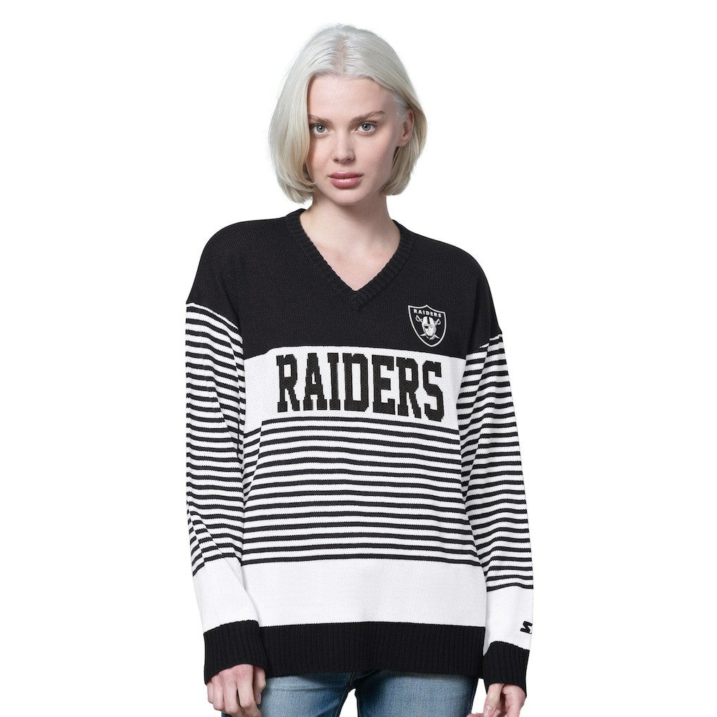 Las Vegas Raiders Starter Women's No Huddle Striped V-Neck Sweater Black