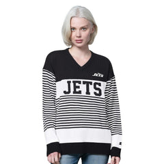 New York Jets Starter Women's No Huddle Striped V-Neck Sweater Black