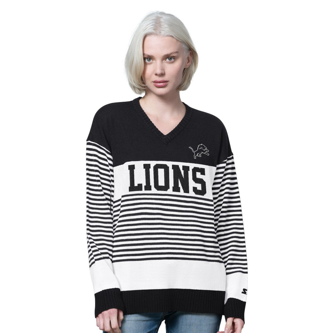 Detroit Lions Starter Women's No Huddle Striped V-Neck Sweater Black