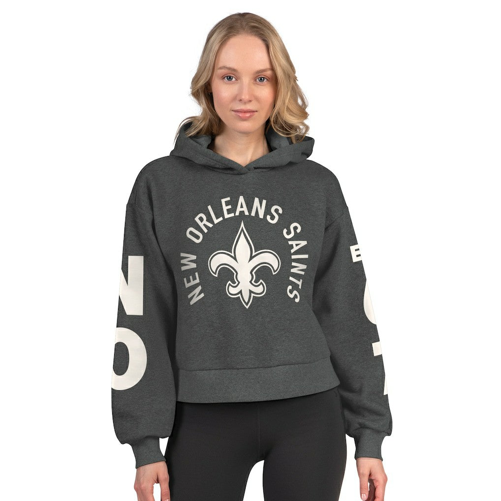 New Orleans Saints Starter Women's Star Player Cropped Fleece Pullover Hoodie Heather Charcoal