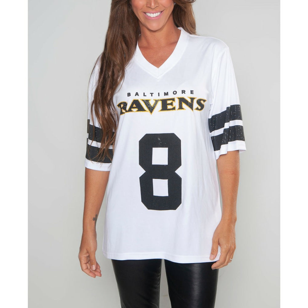 Lamar Jackson Baltimore Ravens Cuce Women's Crystal V-Neck Tunic White