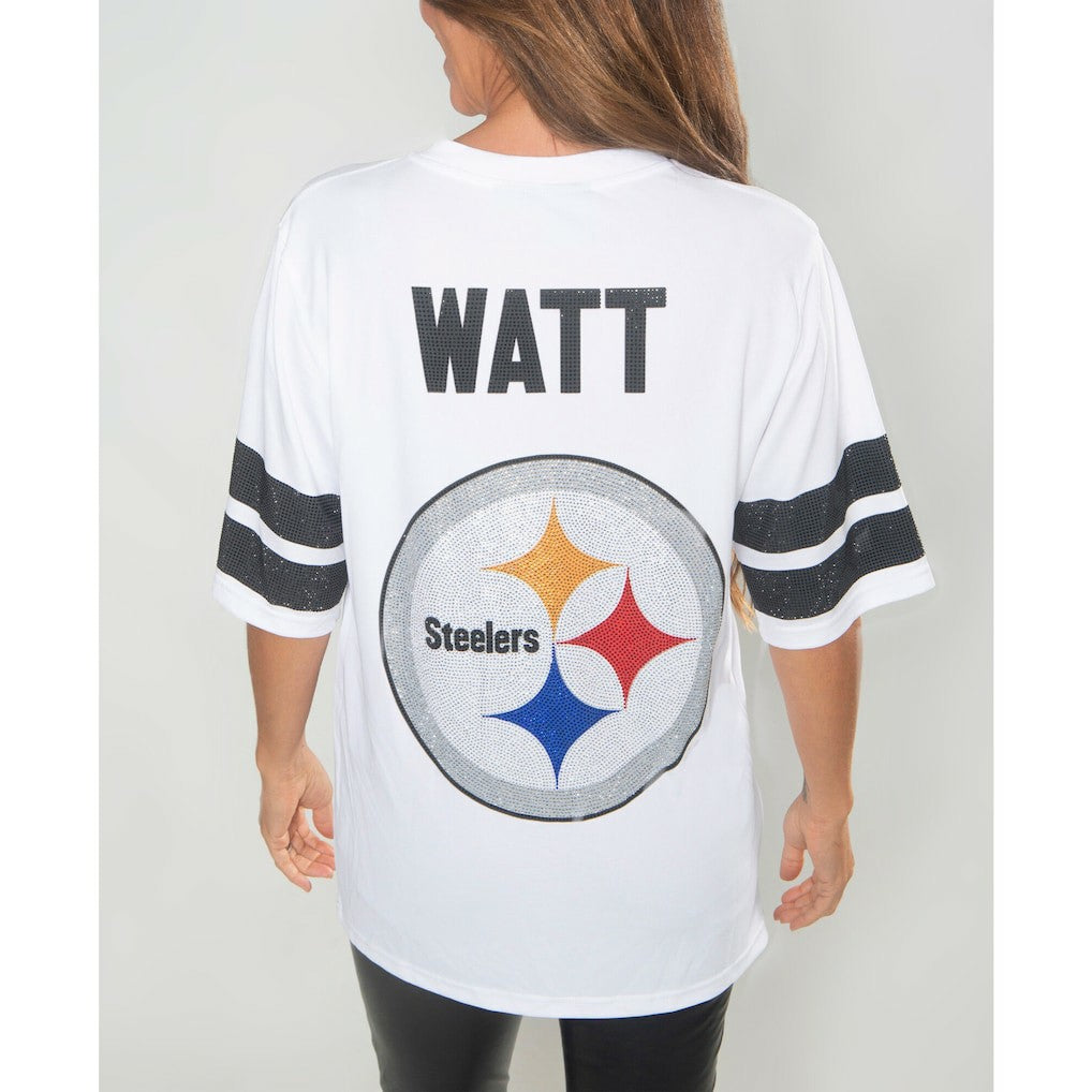 T.J. Watt Pittsburgh Steelers Cuce Women's Crystal V-Neck Tunic White