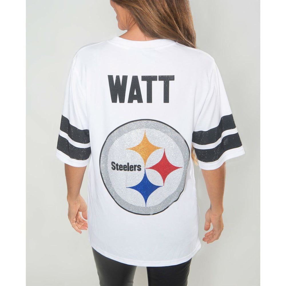 T.J. Watt Pittsburgh Steelers Cuce Women's Crystal V-Neck Tunic White