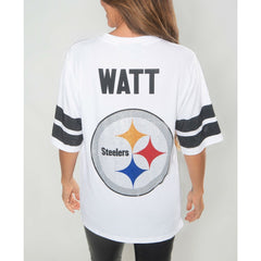 T.J. Watt Pittsburgh Steelers Cuce Women's Crystal V-Neck Tunic White