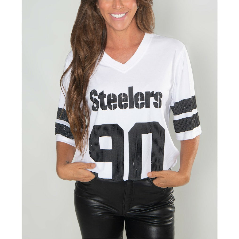 T.J. Watt Pittsburgh Steelers Cuce Women's Crystal V-Neck Tunic White