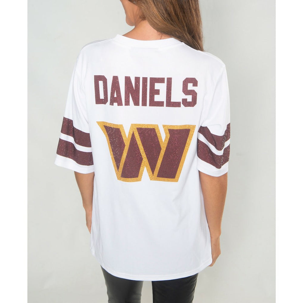 Jayden Daniels Washington Commanders Cuce Women's Crystal V-Neck Tunic White