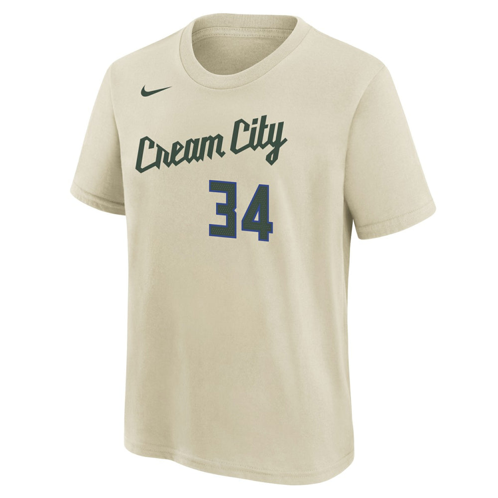Giannis Antetokounmpo Milwaukee Bucks Youth 2025/26 City Edition Name & Number T-Shirt Cream | Nike outlet