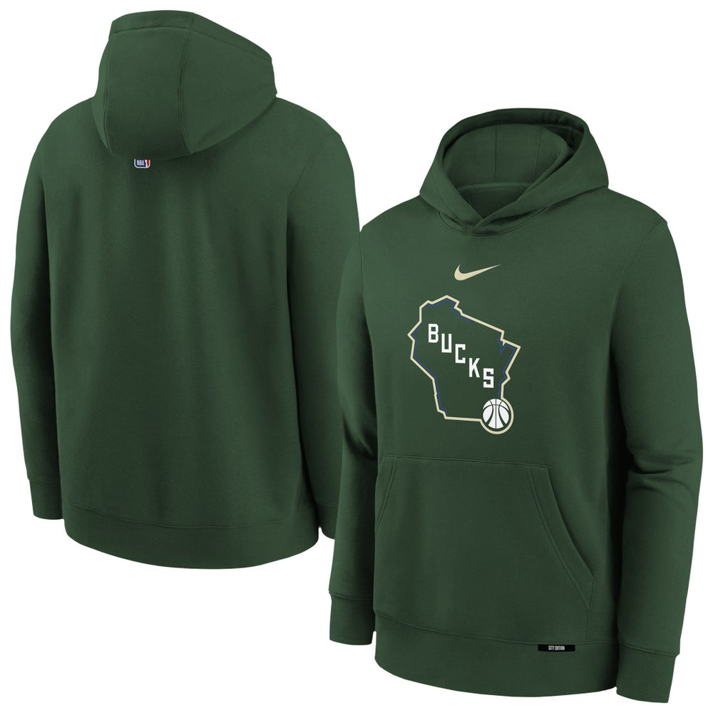 Milwaukee Bucks Youth 2025/26 City Edition Club Fleece Pullover Hoodie Hunter Green | Nike Lifestyle
