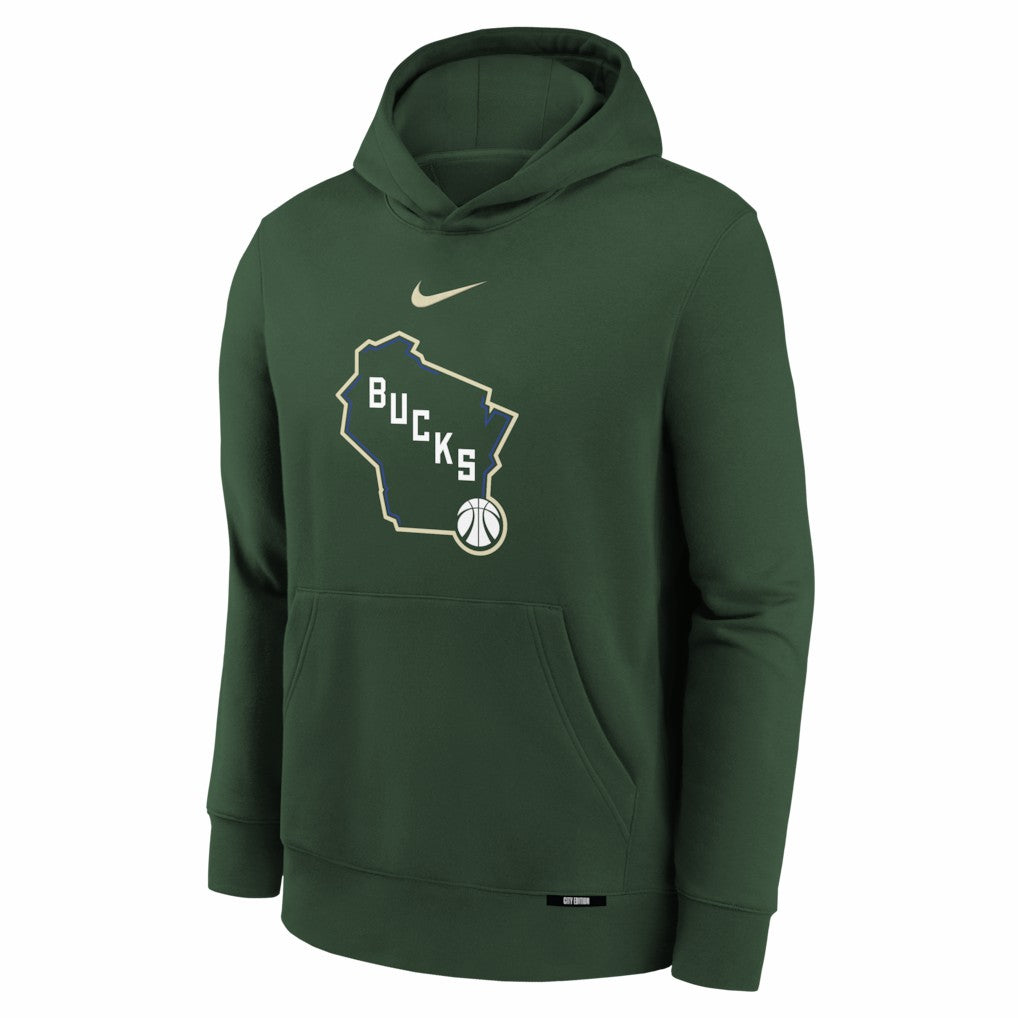 Milwaukee Bucks Youth 2025/26 City Edition Club Fleece Pullover Hoodie Hunter Green | Nike Lifestyle