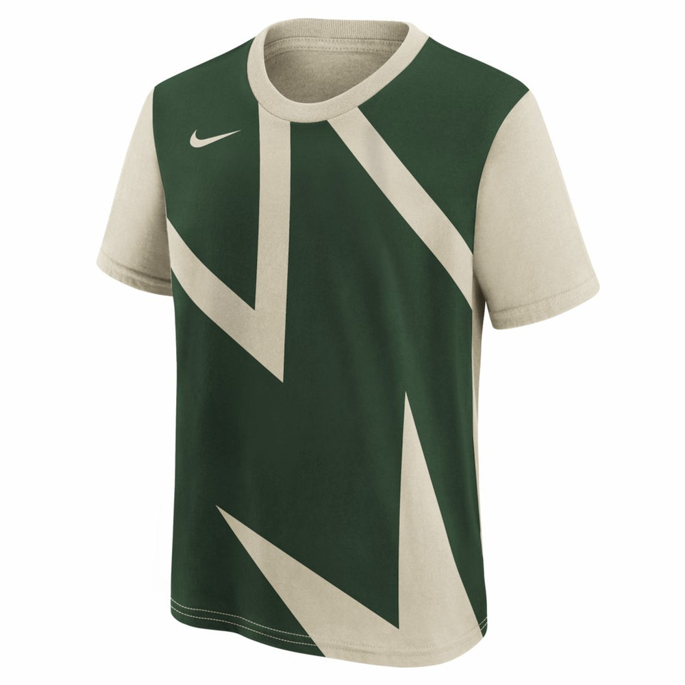 Milwaukee Bucks Youth 2025/26 City Edition Max90 T-Shirt Cream/Hunter Green | Nike Lifestyle