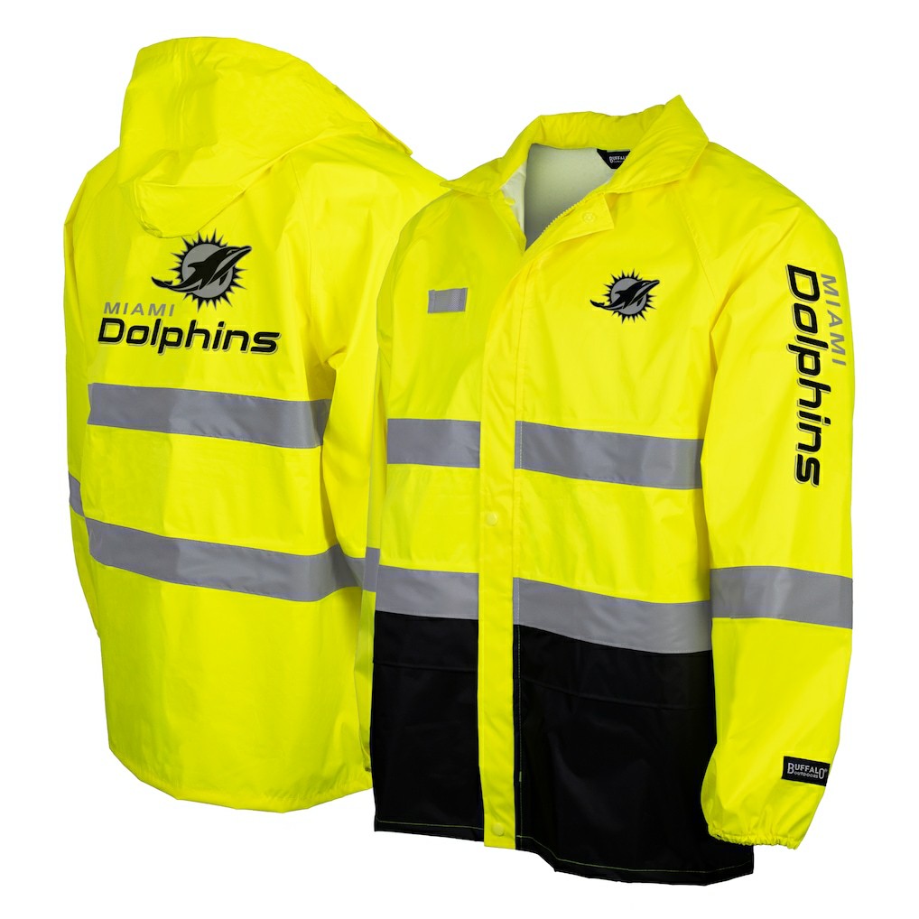 Miami Dolphins Hi-Vis Safety Waterproof Rainshell Full-Zip Hooded Jacket Yellow