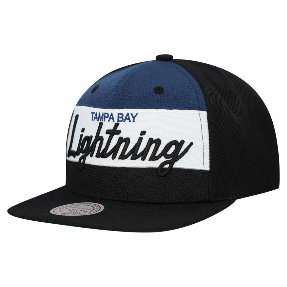 Tampa Bay Lightning Mitchell & Ness Retro Script Colorblock Snapback Hat - Black - NHL 202950563