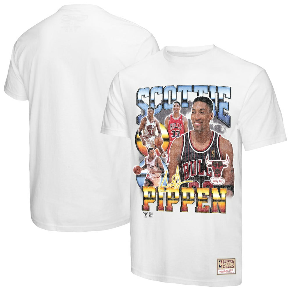 Scottie Pippen Chicago Bulls Hardwood Classics Commemorative Player Collage T-Shirt for sale White | Mitchell & Ness Lifestyle