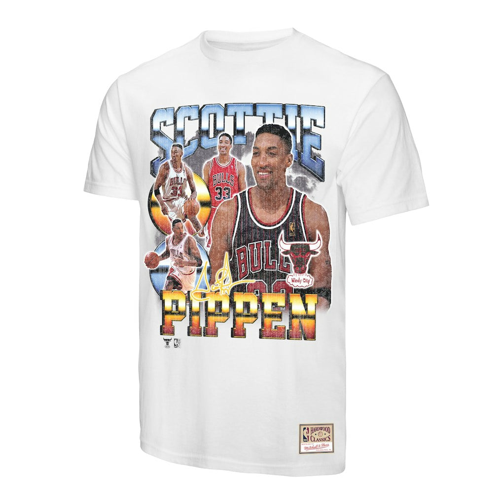 Scottie Pippen Chicago Bulls Hardwood Classics Commemorative Player Collage T-Shirt for sale White | Mitchell & Ness Lifestyle
