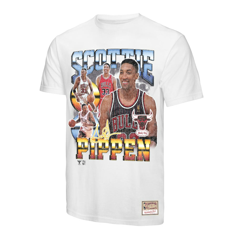 Scottie Pippen Chicago Bulls Hardwood Classics Commemorative Player Collage T-Shirt for sale White | Mitchell & Ness Lifestyle