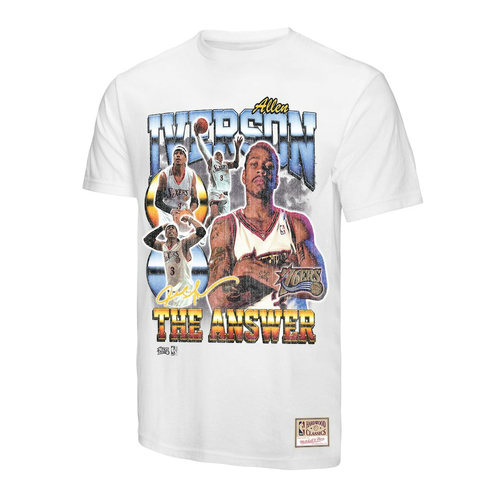 Allen Iverson Philadelphia 76ers Hardwood Classics Commemorative Player Collage T-Shirt White | Mitchell & Ness for sale