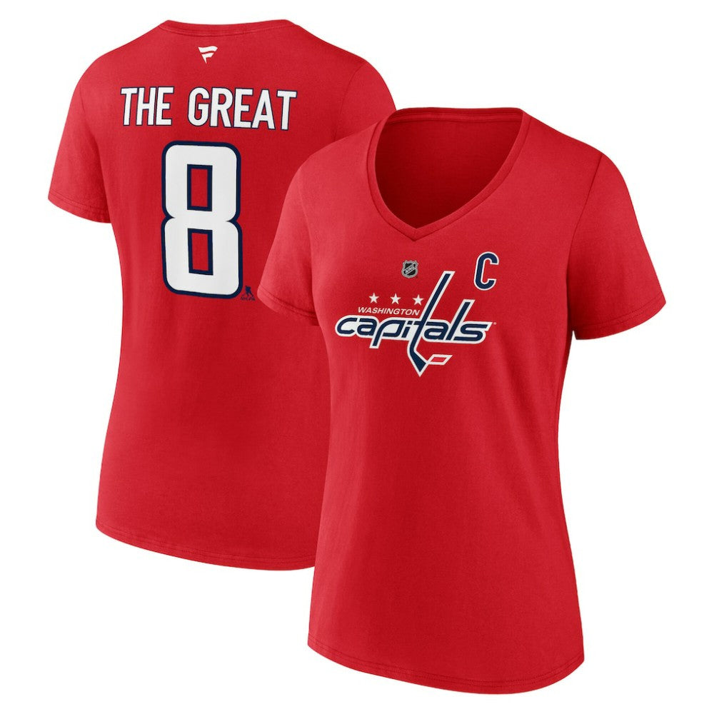 Alexander Ovechkin Washington Capitals Fanatics Women's NHL All-Time Leading Goal Scorer The Great 8 Name & Number V-Neck T-Shirt - Red - NHL 202976007
