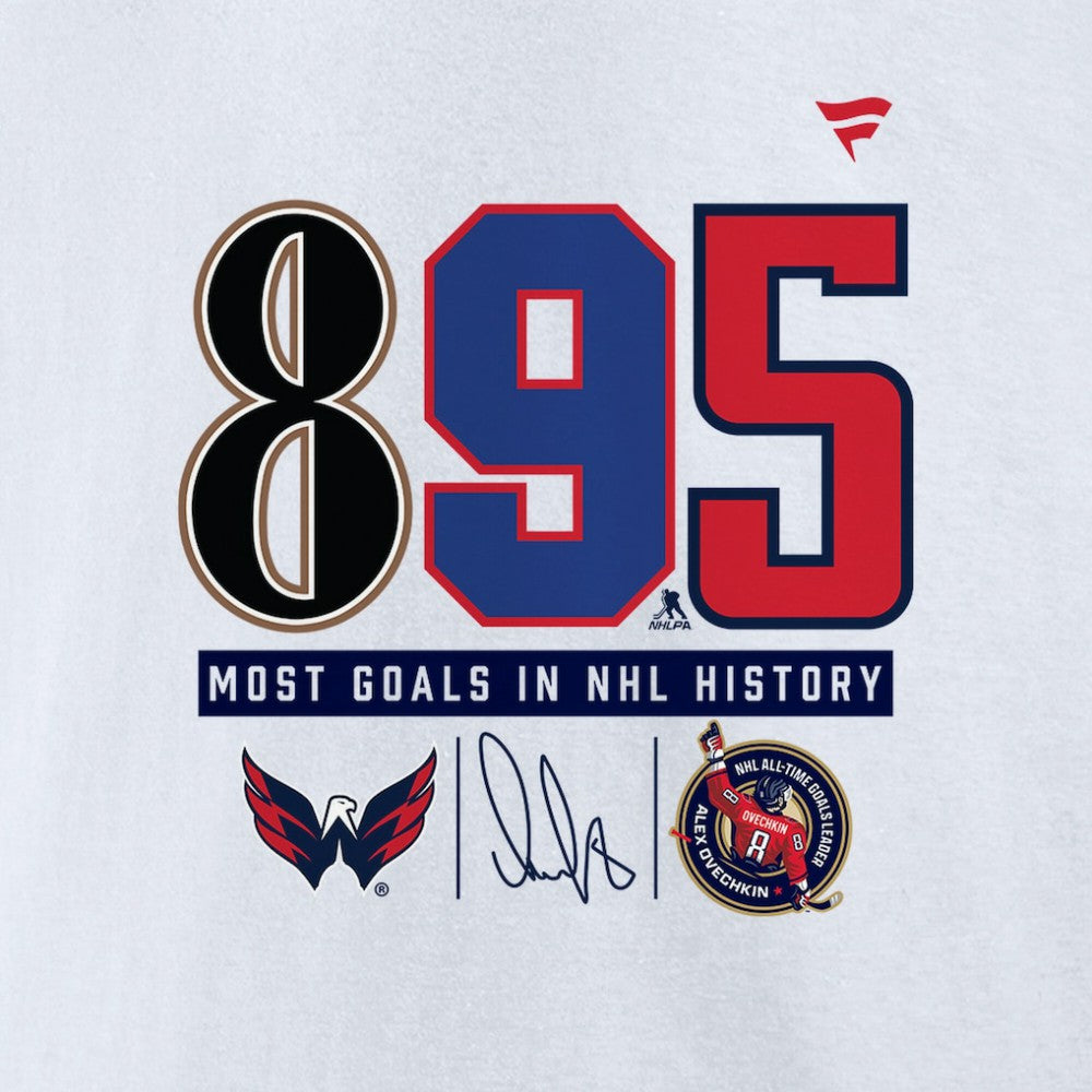 Alexander Ovechkin Washington Capitals Fanatics NHL All-Time Leading Goal Scorer The History of 895 T-Shirt - White - NHL 202976016