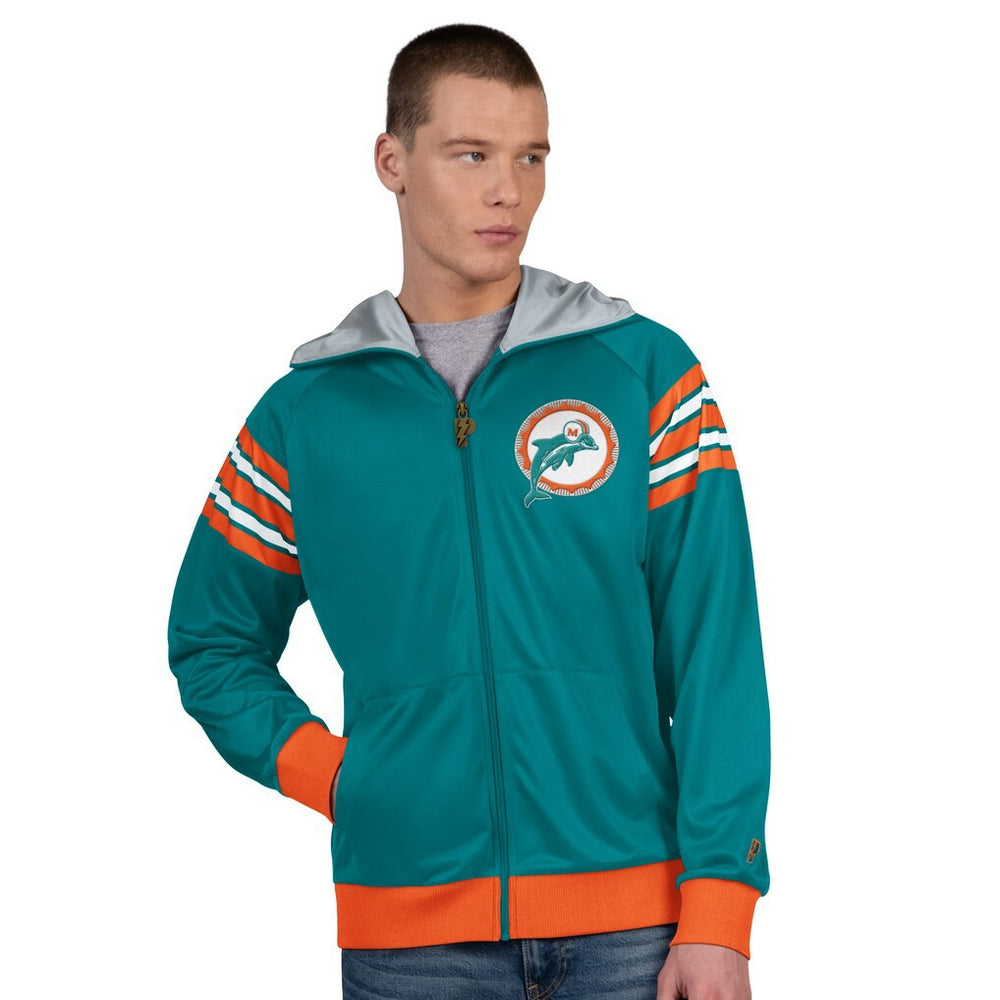 Miami Dolphins Pro Player Retro Helmet Full-Zip Hooded Track Jacket Aqua/Coral