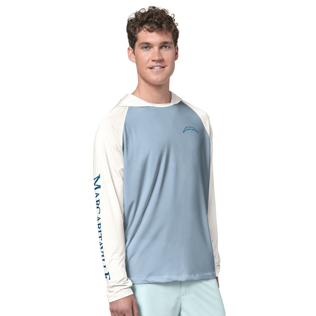 Los Angeles Chargers Margaritaville Sand, Sea, Sunsets Long-Sleeve Rashguard Hoodie Pullover -Light Blue/Cream