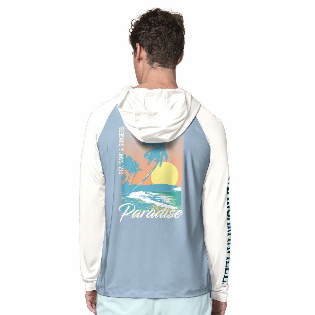 Detroit Lions Margaritaville Sand, Sea, Sunsets Long-Sleeve Rashguard Hoodie Pullover -Light Blue/Cream