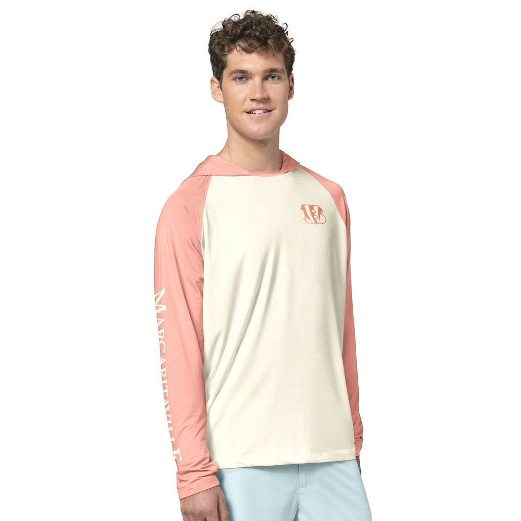 Cincinnati Bengals Margaritaville Sand, Sea, Sunsets Long-Sleeve Rashguard Hoodie Pullover -Cream/Amber