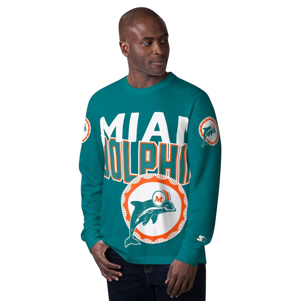 Miami Dolphins Starter Extreme Clutch Hit Vintage Logo Long Sleeve T-Shirt Aqua