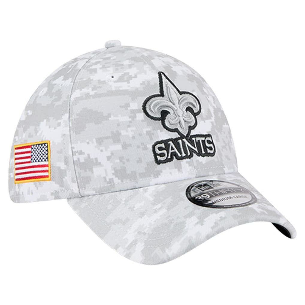 New Orleans Saints New Era 2025 Salute to Service Digital Camo Fan Pack 39THIRTY Flex Hat White