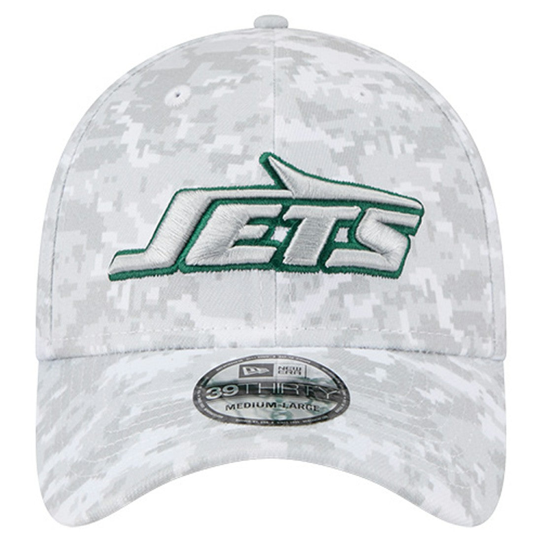 New York Jets New Era 2025 Salute to Service Digital Camo Fan Pack 39THIRTY Flex Hat White