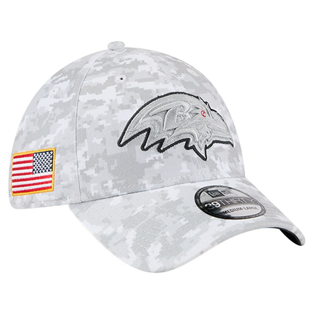Baltimore Ravens New Era 2025 Salute to Service Digital Camo Fan Pack 39THIRTY Flex Hat White