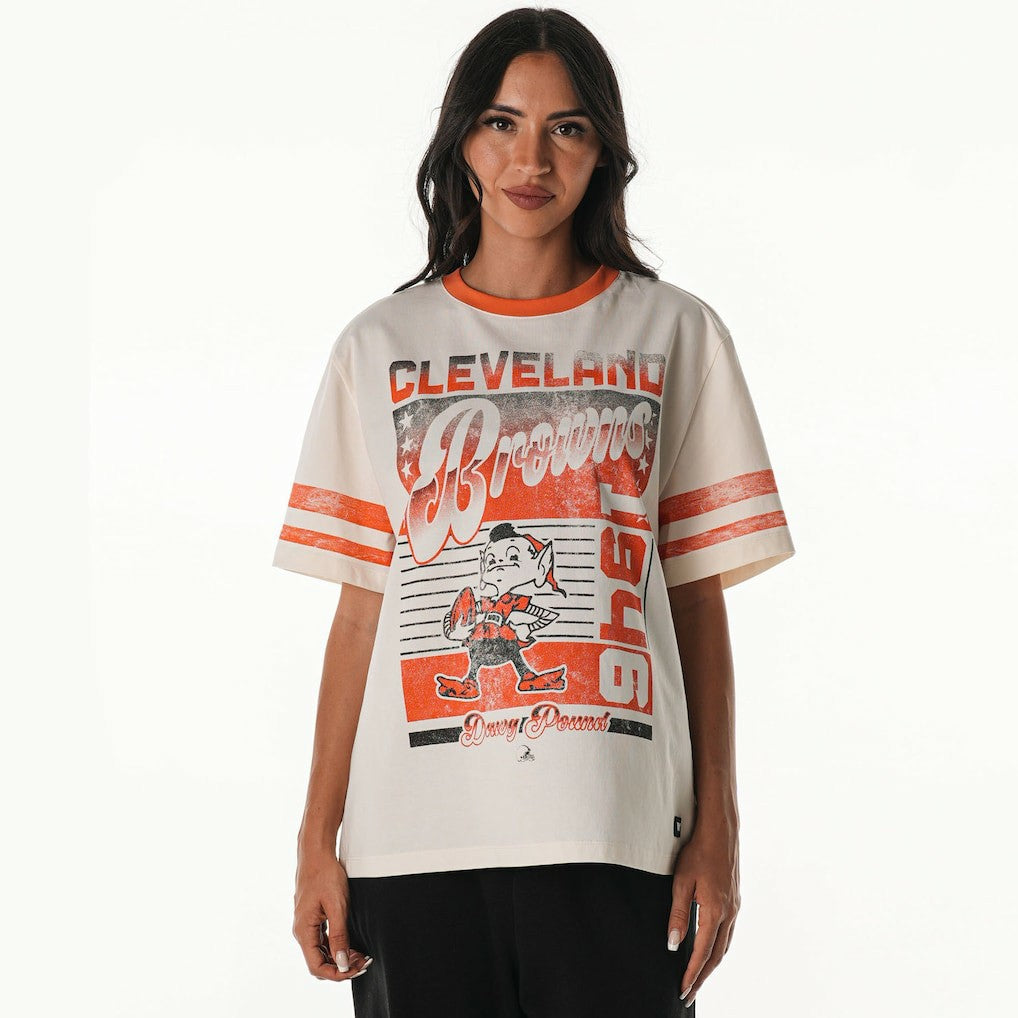 Cleveland Browns The Wild Collective Women's Vintage Drop Shoulder Oversized Boyfriend T-Shirt Cream