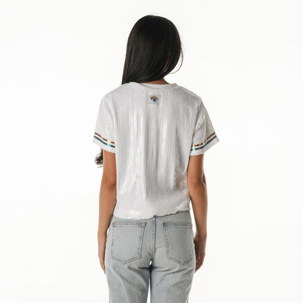 Jacksonville Jaguars The Wild Collective Women's Rhinestone Sequin Cropped T-Shirt White