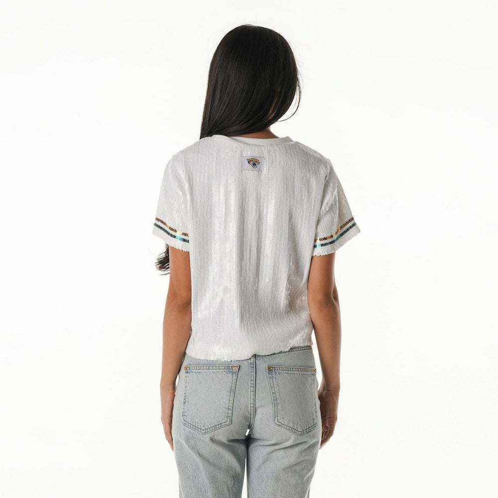Jacksonville Jaguars The Wild Collective Women's Rhinestone Sequin Cropped T-Shirt White