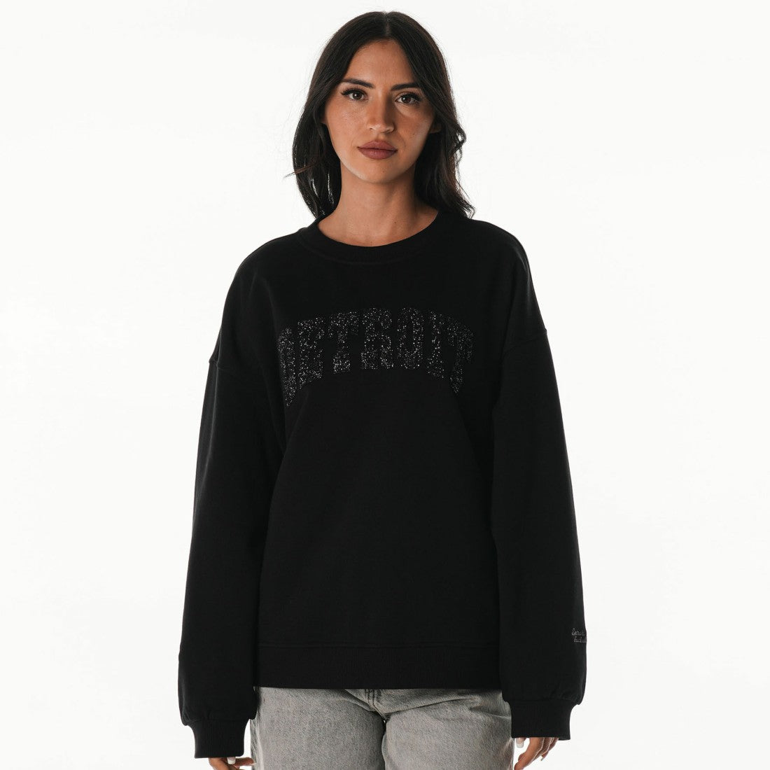 Detroit Lions The Wild Collective Women's Rock Crystal Oversized Crewneck Sweatshirt Black