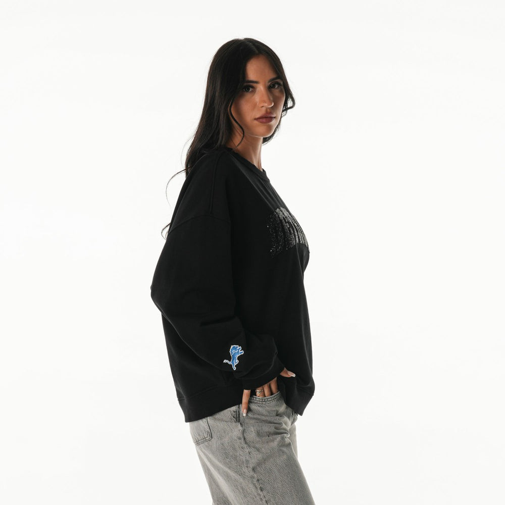 Detroit Lions The Wild Collective Women's Rock Crystal Oversized Crewneck Sweatshirt Black