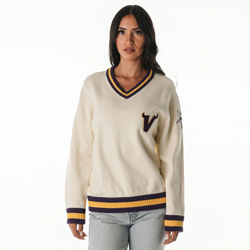 Minnesota Vikings The Wild Collective Women's Jacquard V-Neck Sweater Cream