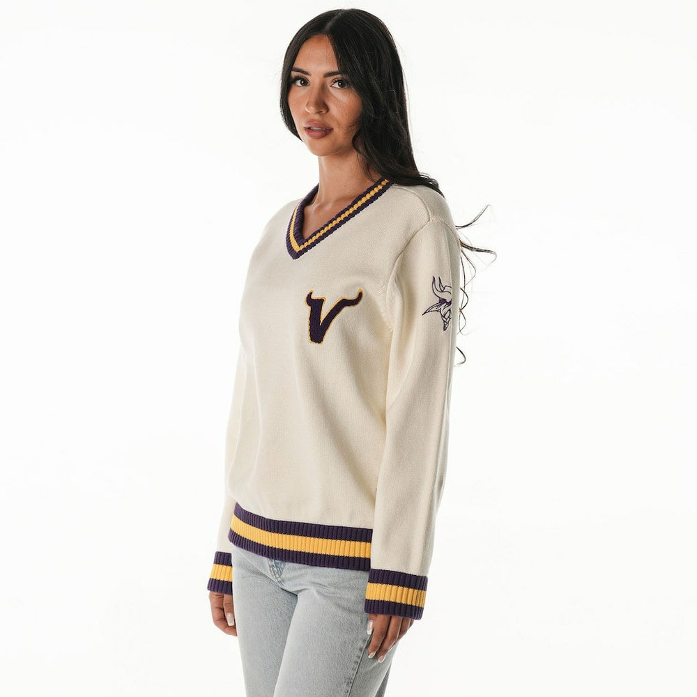 Minnesota Vikings The Wild Collective Women's Jacquard V-Neck Sweater Cream