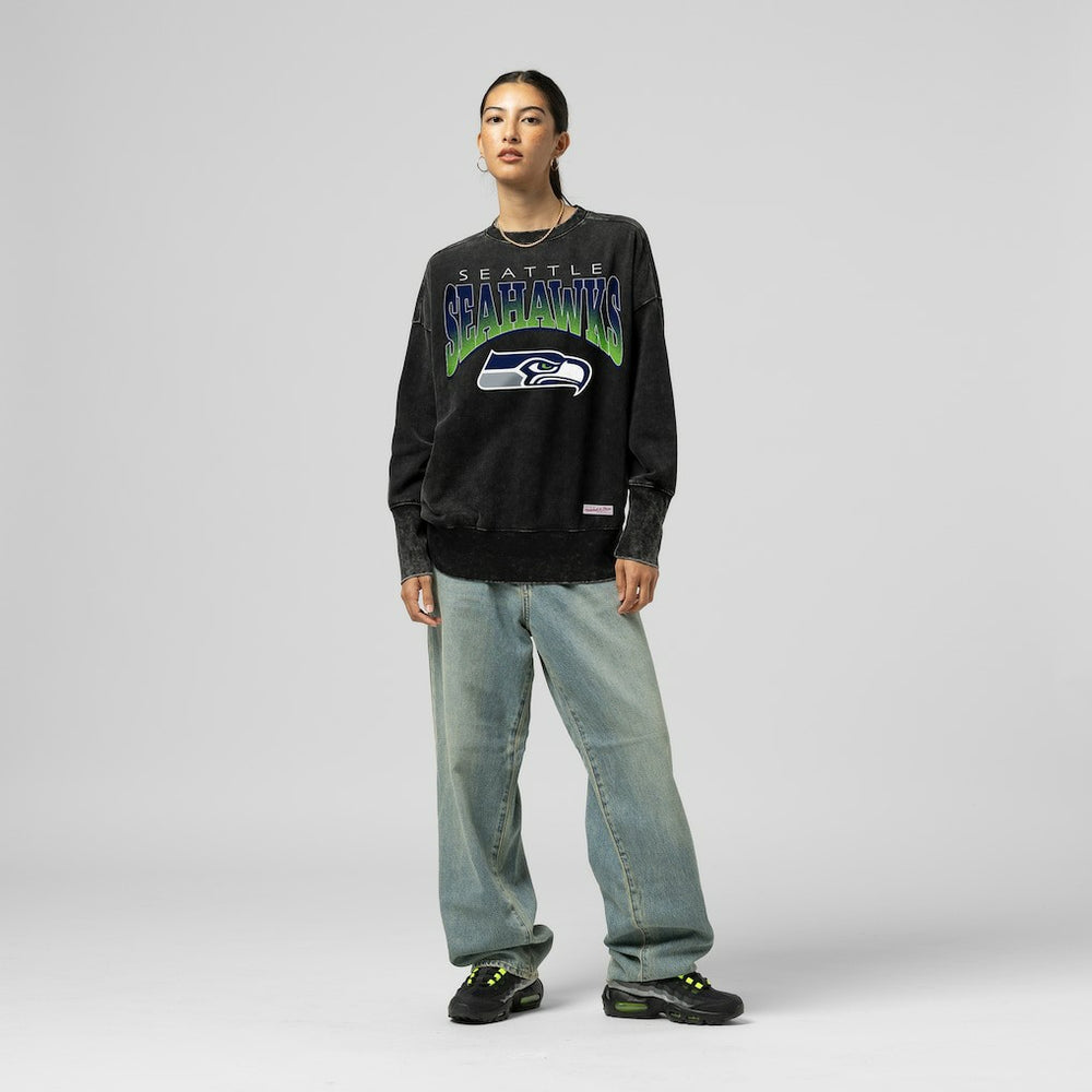 Mitchell & Ness Seattle Seahawks Women's Delineate Mineral Wash Crewneck Sweatshirt Black