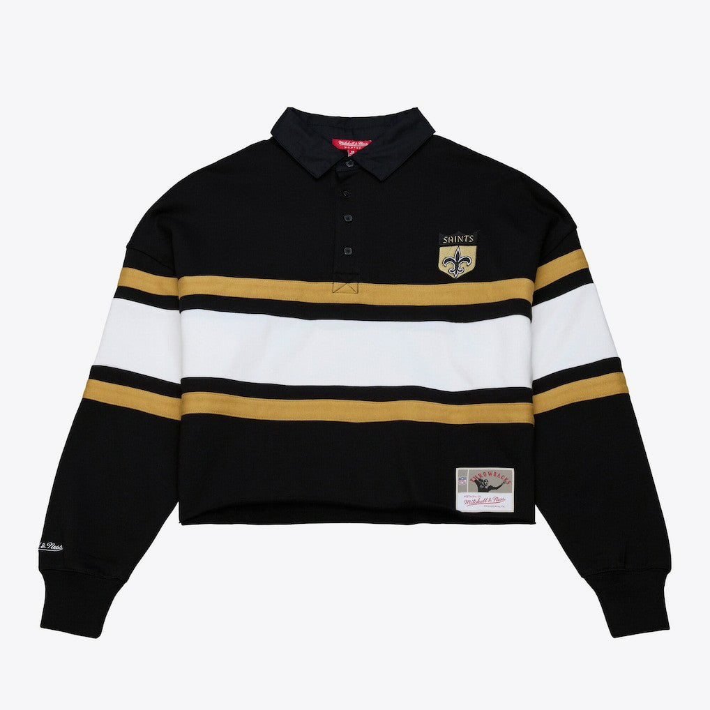 Mitchell & Ness New Orleans Saints Women's Cropped Long Sleeve Rugby Polo Black