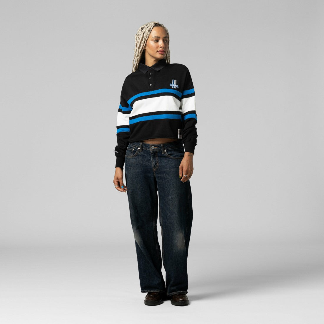 Mitchell & Ness Detroit Lions Women's Cropped Long Sleeve Rugby Polo Black