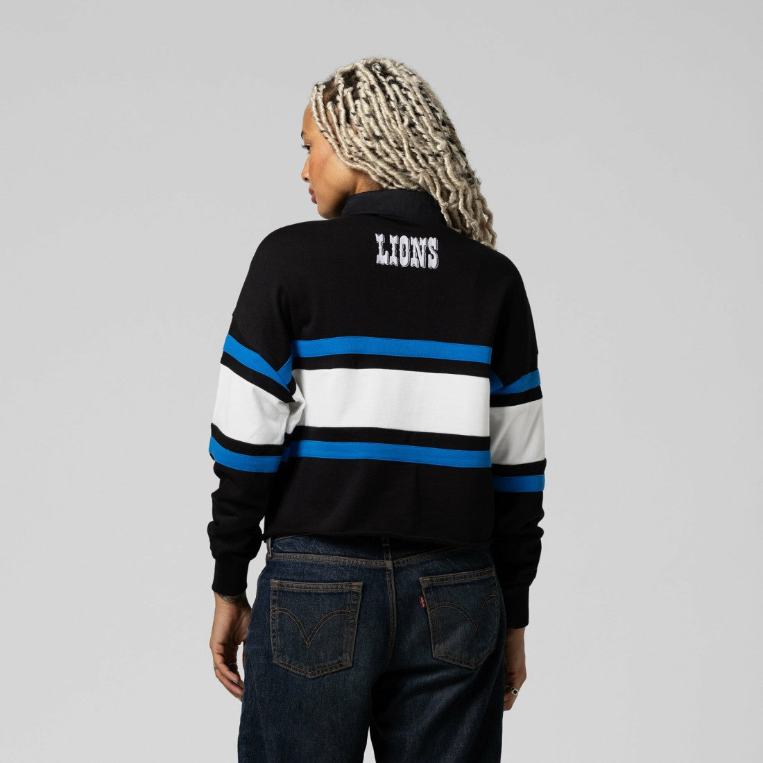 Mitchell & Ness Detroit Lions Women's Cropped Long Sleeve Rugby Polo Black