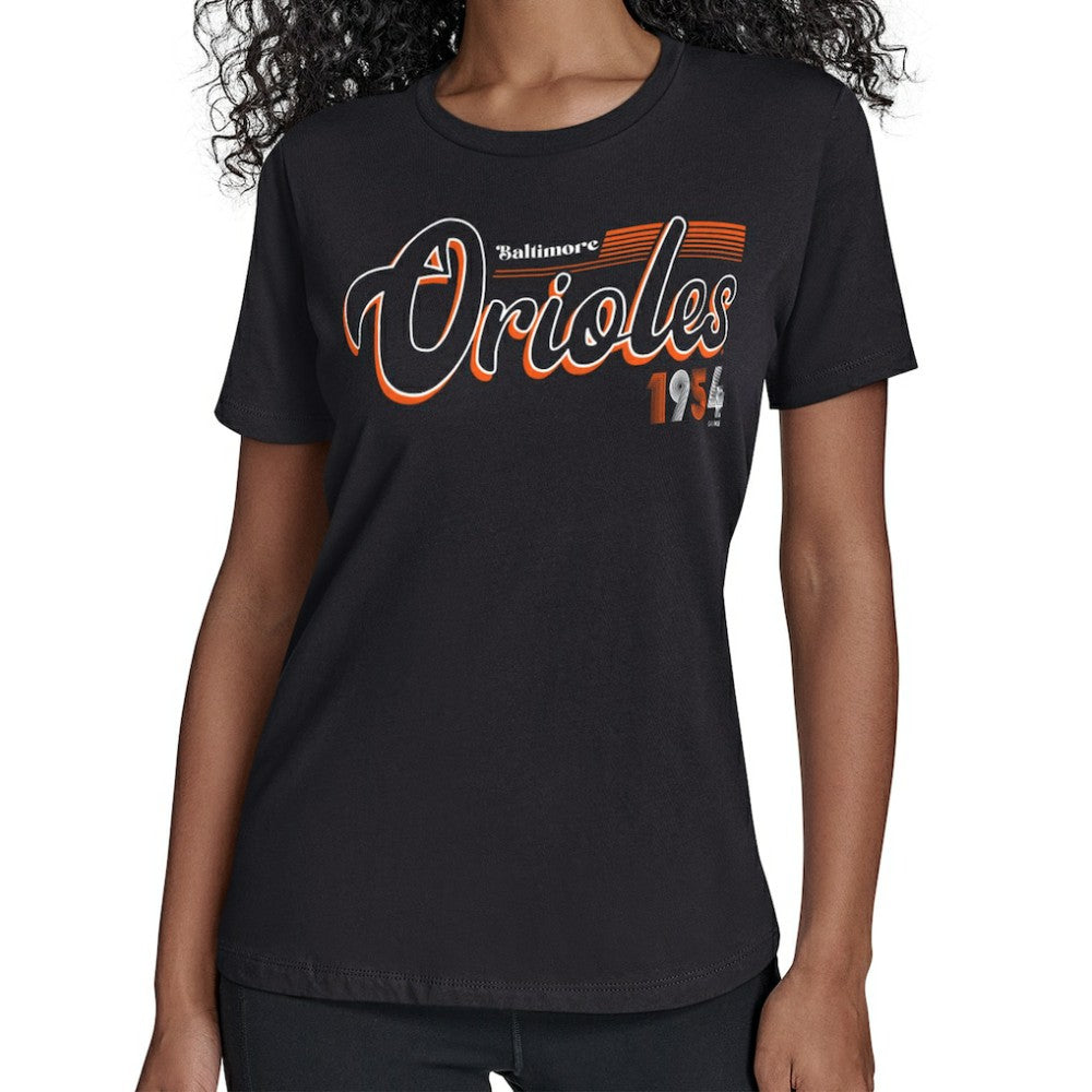 Baltimore Orioles Starter Women's Groovy Script Team Fitted T-Shirt - Black - MLB Online