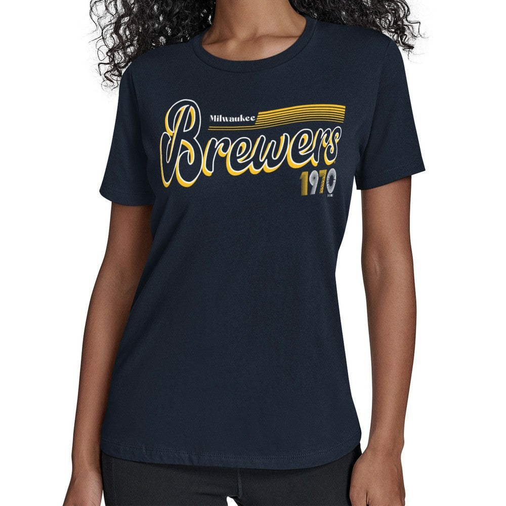 Milwaukee Brewers Starter Women's Groovy Script Team Fitted T-Shirt - Navy - MLB Lifestyle
