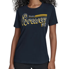 Milwaukee Brewers Starter Women's Groovy Script Team Fitted T-Shirt - Navy - MLB Lifestyle