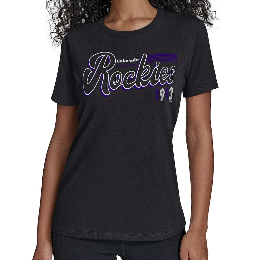 Colorado Rockies Starter Women's Groovy Script Team Fitted T-Shirt - Black - MLB Online
