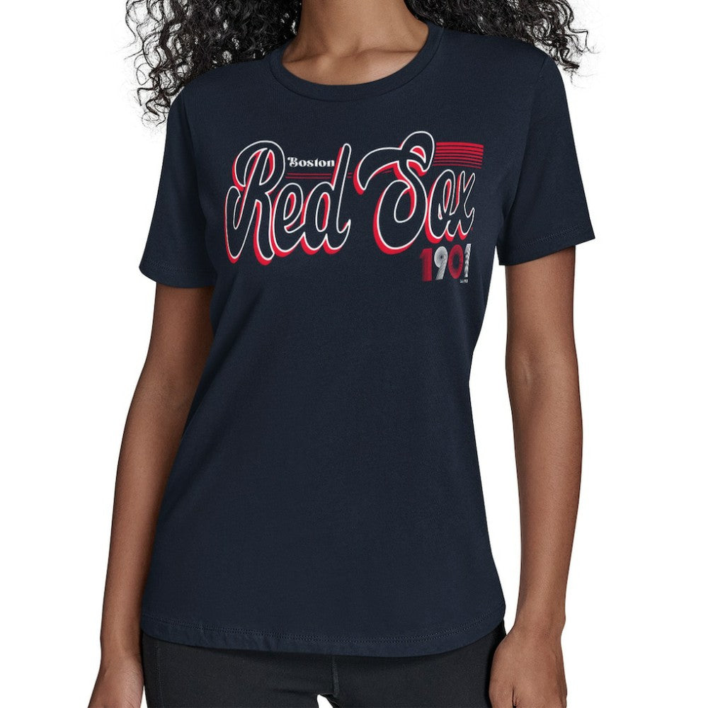 Boston Red Sox Starter Women's Groovy Script Team Fitted T-Shirt - Navy - MLB Online
