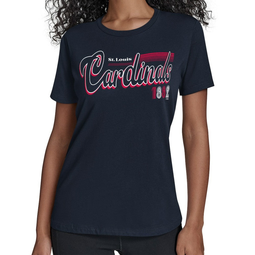 St. Louis Cardinals Starter Women's Groovy Script Team Fitted T-Shirt - Navy - MLB Lifestyle
