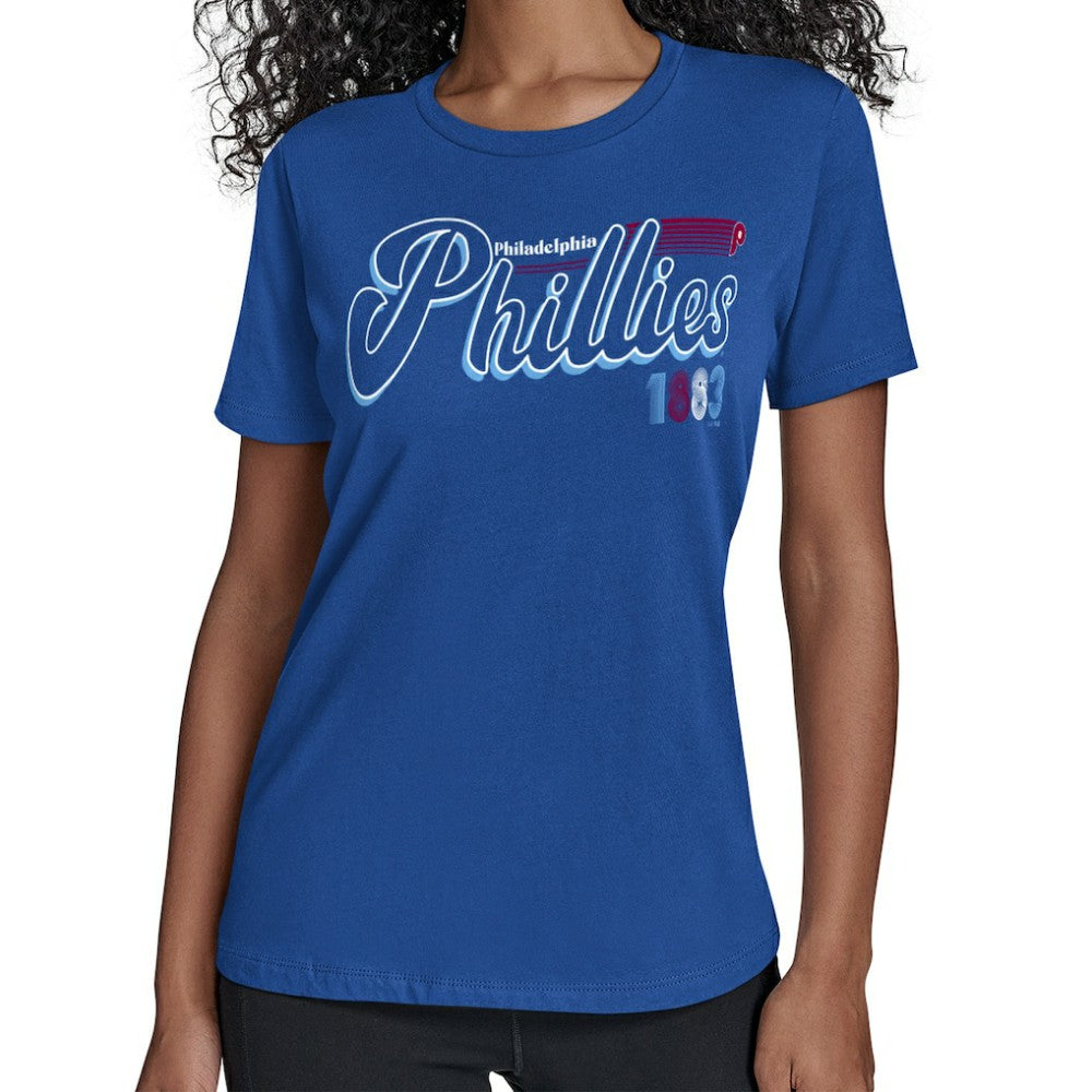Philadelphia Phillies Starter Women's Groovy Script Team Fitted T-Shirt - Royal - MLB on Sale