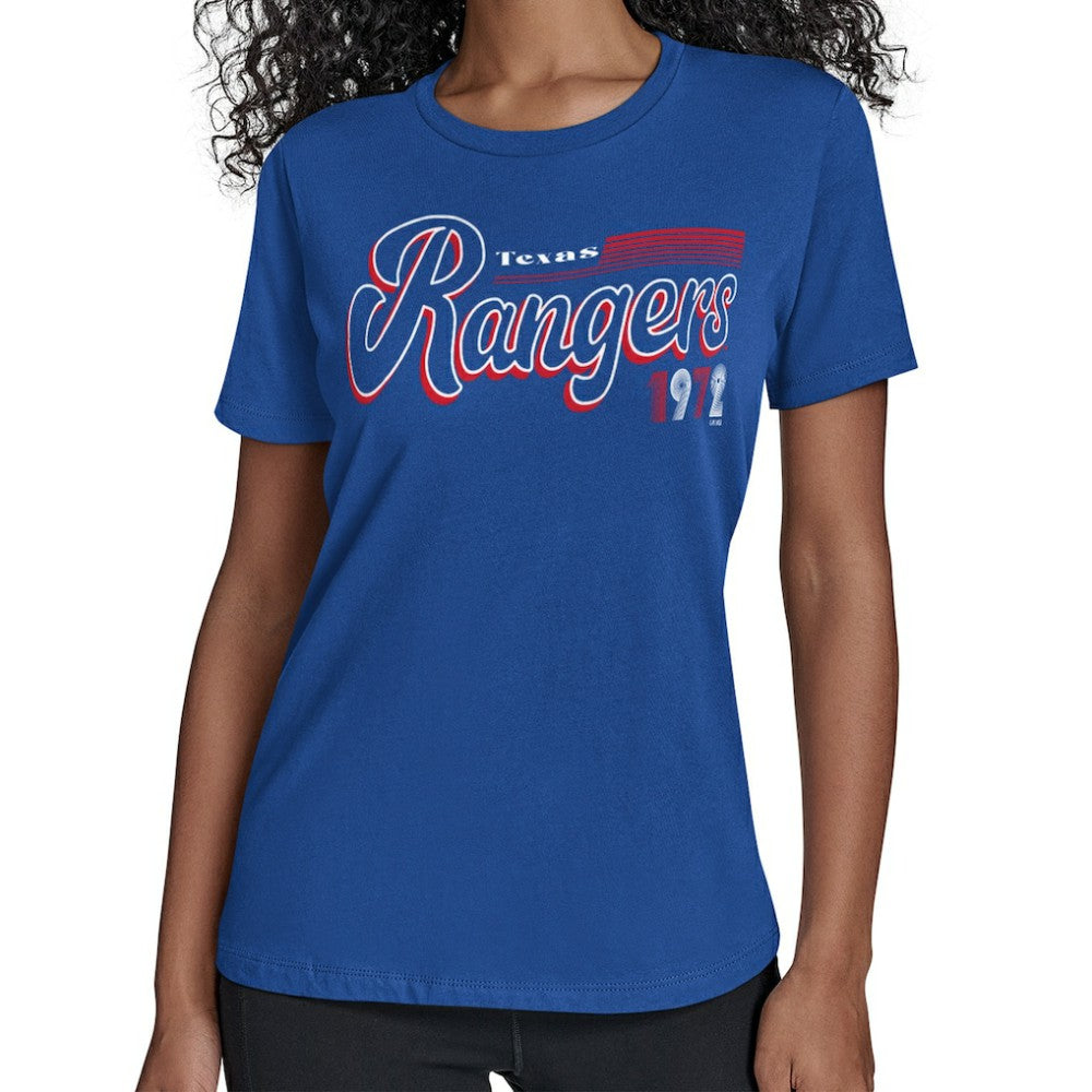 Texas Rangers Starter Women's Groovy Script Team Fitted T-Shirt - Royal - MLB Online