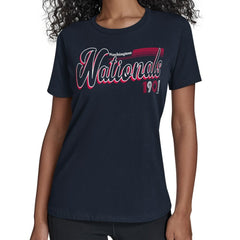 Washington Nationals Starter Women's Groovy Script Team Fitted T-Shirt - Navy - MLB Lifestyle